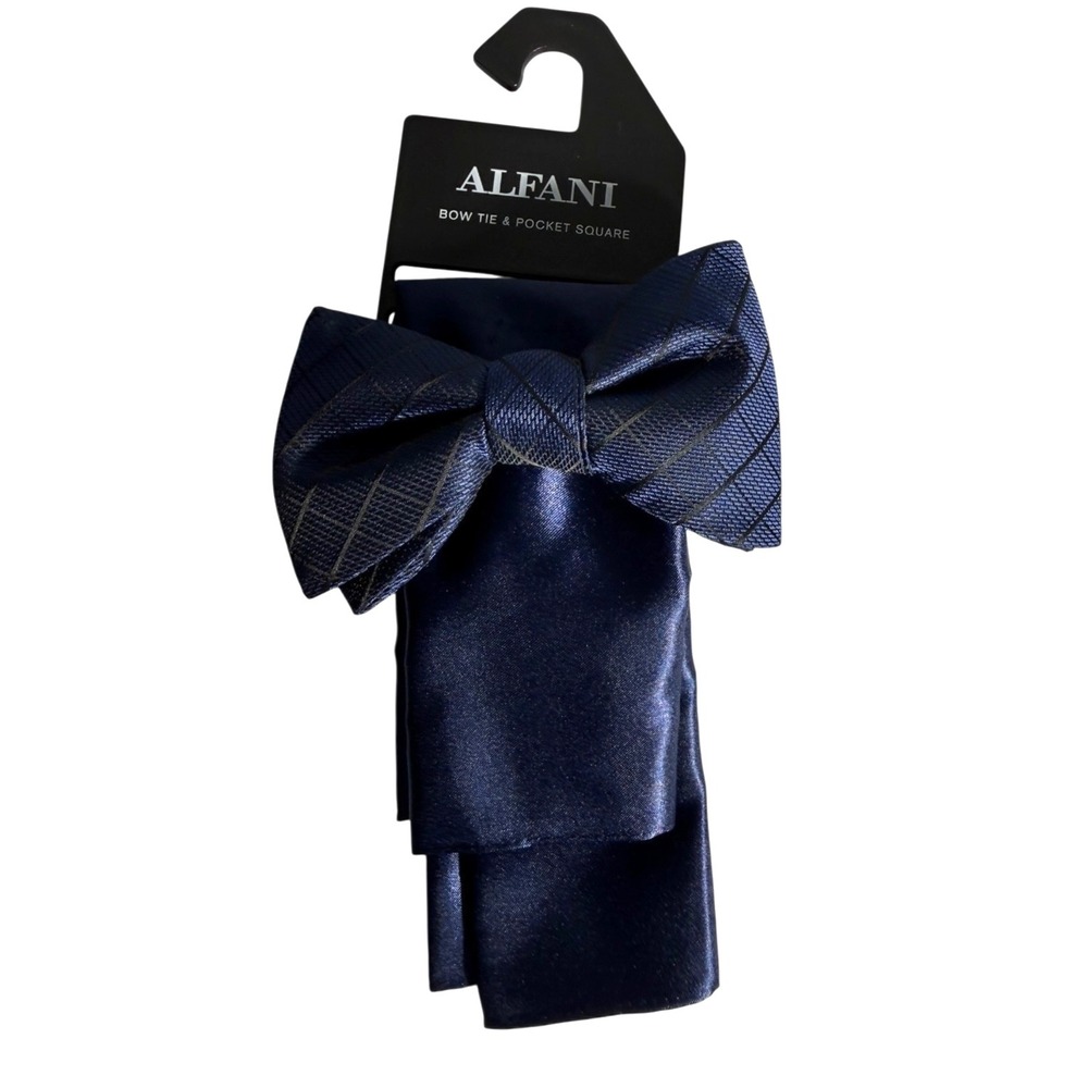 Alfani Bow Tie & Pocket Square Set Mens Dark Navy Blue Woven Sharkskin
